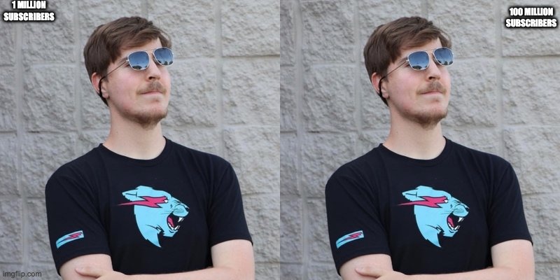 Upvote if you can find the real mr beast | 1 MILLION SUBSCRIBERS; 100 MILLION SUBSCRIBERS | image tagged in mr beast | made w/ Imgflip meme maker
