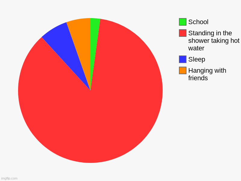 My life in a graph | Hanging with friends, Sleep, Standing in the shower taking hot water, School | image tagged in charts,pie charts | made w/ Imgflip chart maker