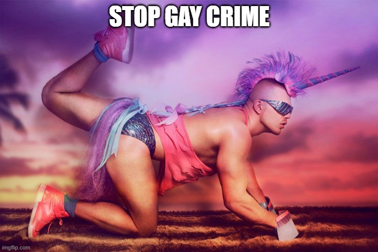 Gay unicorn guy | STOP GAY CRIME | image tagged in gay unicorn guy | made w/ Imgflip meme maker