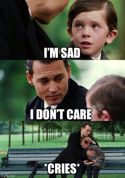 Finding Neverland | I’M SAD; I DON’T CARE; *CRIES* | image tagged in memes,finding neverland | made w/ Imgflip meme maker