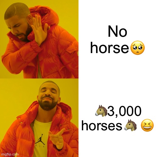 Funny | No horse🥺; 🐴3,000 horses🐴 😆 | image tagged in memes,drake hotline bling | made w/ Imgflip meme maker
