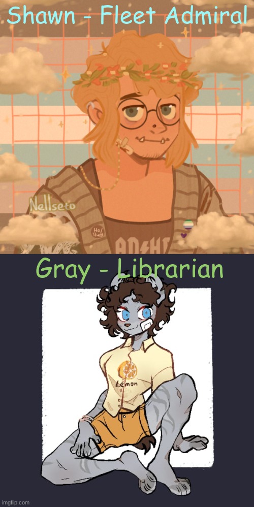 Mmm I had the sudden urge to make a bf for Gray :D [Gray is both my sona and my main oc] | Shawn - Fleet Admiral; Gray - Librarian | image tagged in oc | made w/ Imgflip meme maker