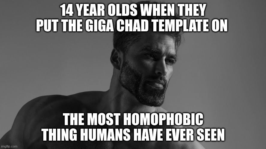 giga chat | 14 YEAR OLDS WHEN THEY PUT THE GIGA CHAD TEMPLATE ON; THE MOST HOMOPHOBIC THING HUMANS HAVE EVER SEEN | image tagged in gigachad,memes,funny memes,so true memes,dankmemes,dankestestmemes | made w/ Imgflip meme maker