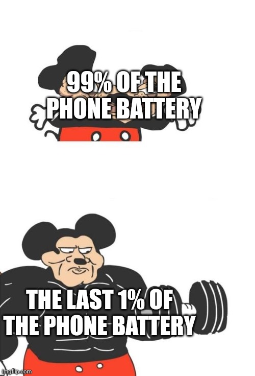 Phone_a_meme | 99% OF THE PHONE BATTERY; THE LAST 1% OF THE PHONE BATTERY | image tagged in buff mickey mouse | made w/ Imgflip meme maker