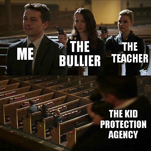 Just for that... | ME; THE TEACHER; THE BULLIER; THE KID PROTECTION AGENCY | image tagged in assassination chain,123guy,are you sure about that,to be continued,kid protection agency,instant regret | made w/ Imgflip meme maker
