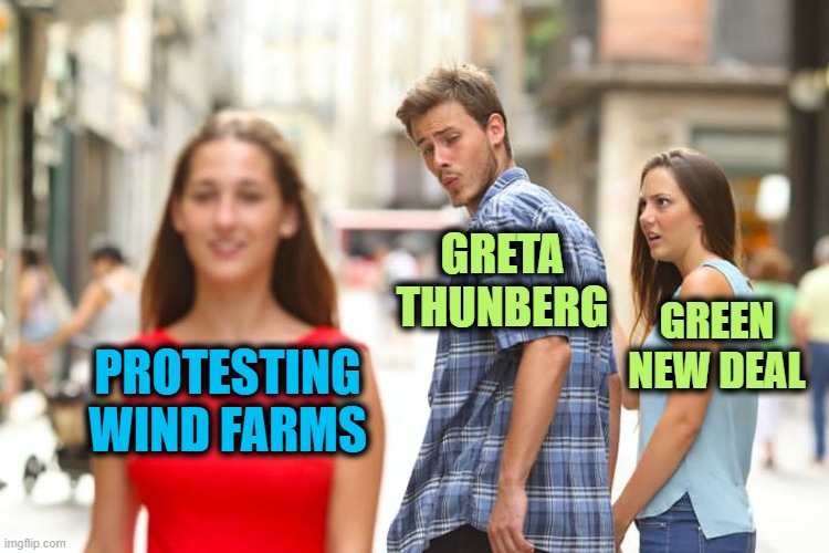 I Can't Get No, Satisfaction | GRETA THUNBERG; GREEN NEW DEAL; PROTESTING WIND FARMS | image tagged in memes,distracted boyfriend | made w/ Imgflip meme maker