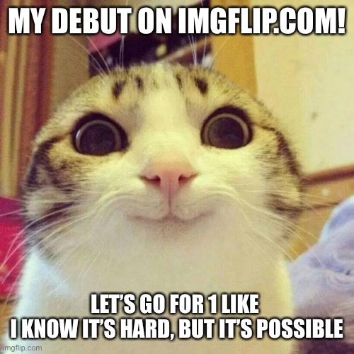 My first image... pls 1 upvote? | MY DEBUT ON IMGFLIP.COM! LET’S GO FOR 1 LIKE 
I KNOW IT’S HARD, BUT IT’S POSSIBLE | image tagged in memes,smiling cat | made w/ Imgflip meme maker