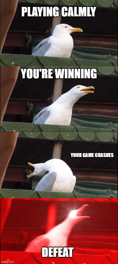 Inhaling Seagull Meme | PLAYING CALMLY; YOU'RE WINNING; YOUR GAME CRASHES; DEFEAT | image tagged in memes,inhaling seagull,gaming,online gaming | made w/ Imgflip meme maker