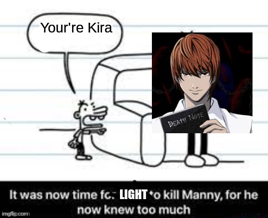 [dies of heart attack.] | Your're Kira; LIGHT | image tagged in manny knew too much,death note,apple | made w/ Imgflip meme maker