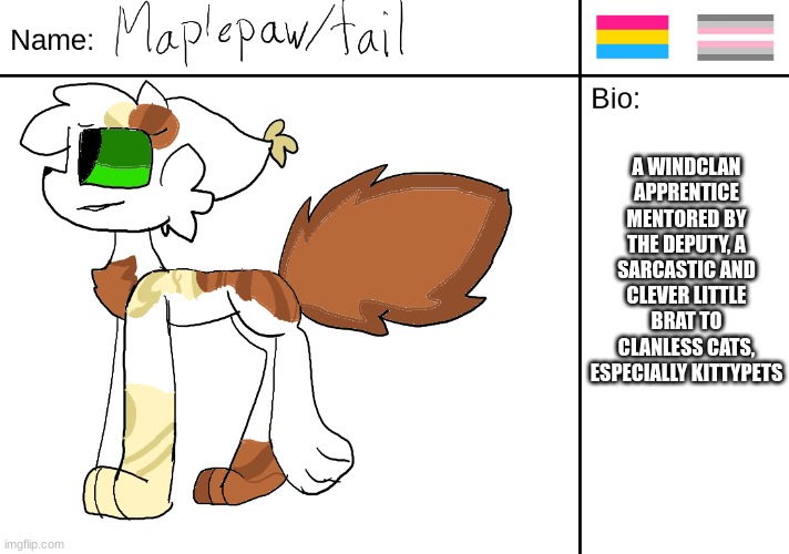 A WINDCLAN APPRENTICE MENTORED BY THE DEPUTY, A SARCASTIC AND CLEVER LITTLE BRAT TO CLANLESS CATS, ESPECIALLY KITTYPETS | made w/ Imgflip meme maker