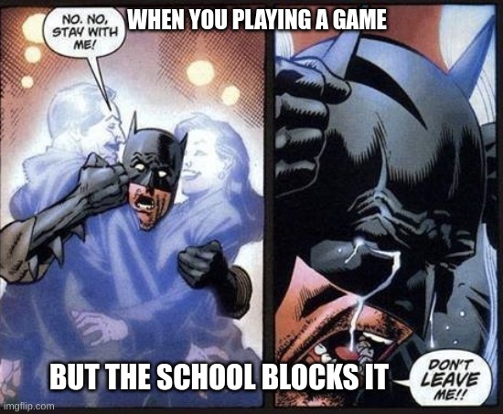 Batman crying | WHEN YOU PLAYING A GAME; BUT THE SCHOOL BLOCKS IT | image tagged in batman crying | made w/ Imgflip meme maker