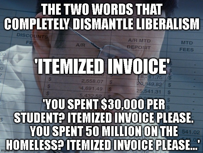 Accountant | THE TWO WORDS THAT COMPLETELY DISMANTLE LIBERALISM; 'ITEMIZED INVOICE'; 'YOU SPENT $30,000 PER STUDENT? ITEMIZED INVOICE PLEASE. YOU SPENT 50 MILLION ON THE HOMELESS? ITEMIZED INVOICE PLEASE...' | image tagged in accountant | made w/ Imgflip meme maker