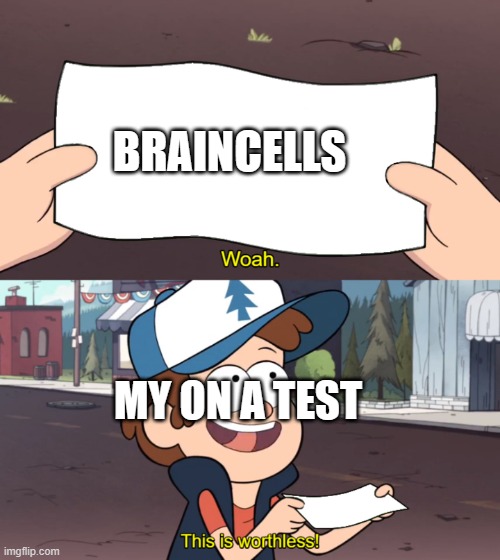 This is Worthless | BRAINCELLS; MY ON A TEST | image tagged in this is worthless | made w/ Imgflip meme maker