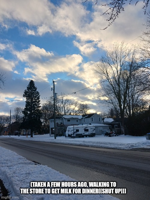(TAKEN A FEW HOURS AGO, WALKING TO THE STORE TO GET MILK FOR DINNER((SHUT UP))) | made w/ Imgflip meme maker