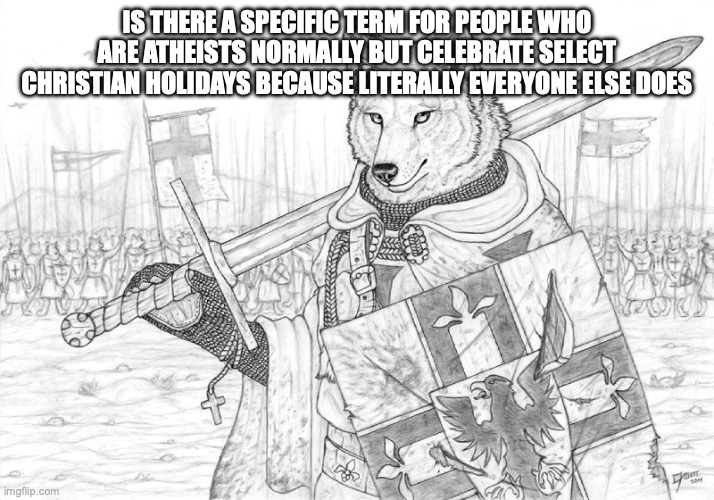 Fursader. | IS THERE A SPECIFIC TERM FOR PEOPLE WHO ARE ATHEISTS NORMALLY BUT CELEBRATE SELECT CHRISTIAN HOLIDAYS BECAUSE LITERALLY EVERYONE ELSE DOES | image tagged in fursader | made w/ Imgflip meme maker