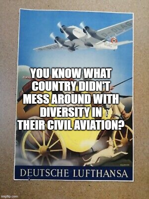 YOU KNOW WHAT COUNTRY DIDN'T MESS AROUND WITH DIVERSITY IN THEIR CIVIL AVIATION? | image tagged in memes | made w/ Imgflip meme maker