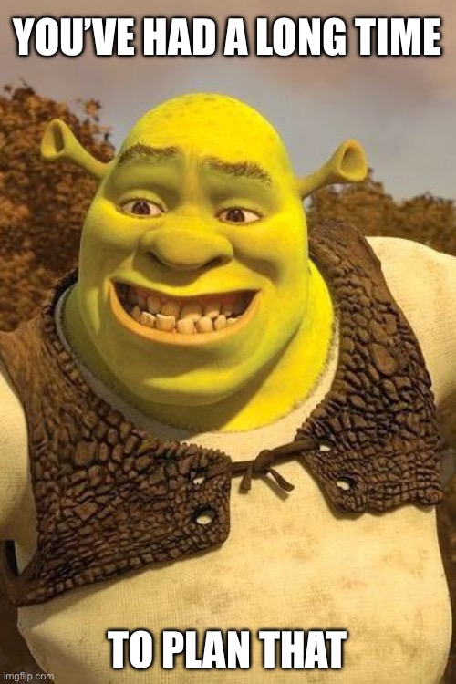 Smiling Shrek | YOU’VE HAD A LONG TIME; TO PLAN THAT | image tagged in smiling shrek | made w/ Imgflip meme maker