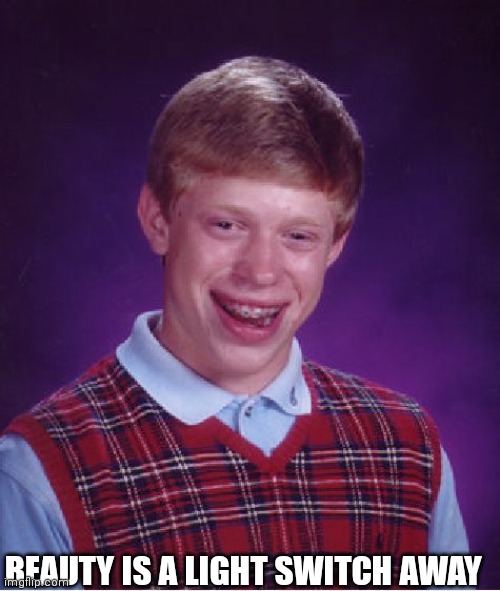 Bad Luck Brian | BEAUTY IS A LIGHT SWITCH AWAY | image tagged in memes,bad luck brian | made w/ Imgflip meme maker