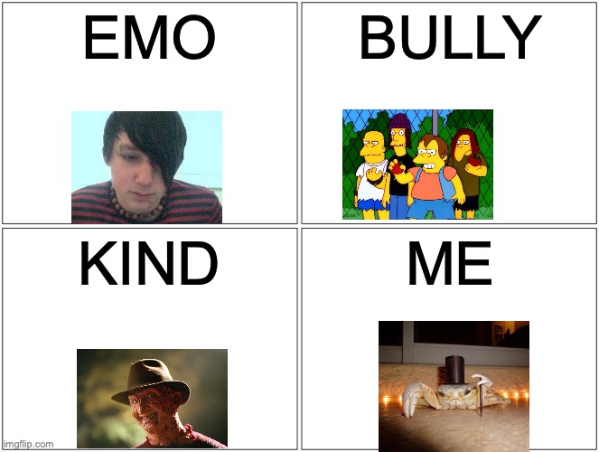 4 different types of personalities | EMO; BULLY; KIND; ME | image tagged in memes,blank comic panel 2x2 | made w/ Imgflip meme maker