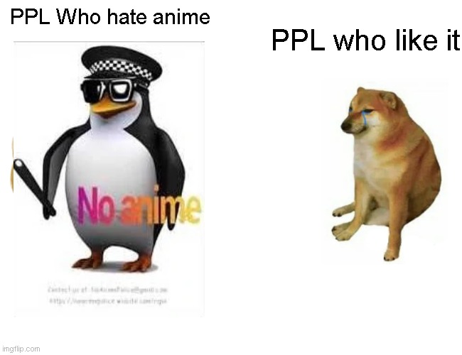 POV: U dont like anime | PPL Who hate anime; PPL who like it | image tagged in memes,buff doge vs cheems,anti anime,no anime,no anime allowed | made w/ Imgflip meme maker