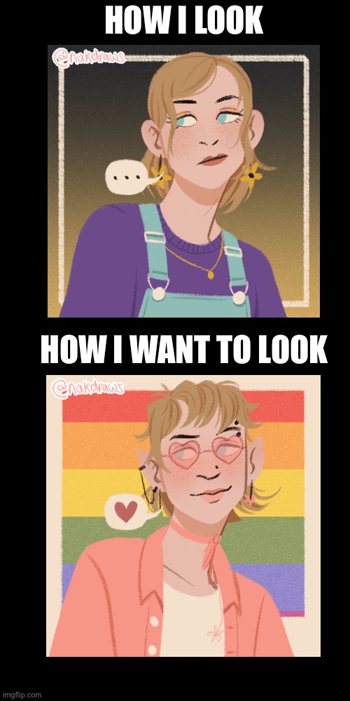 *dysphoria music begins playing* | HOW I LOOK; HOW I WANT TO LOOK | image tagged in idk,tired | made w/ Imgflip meme maker