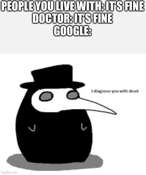 Google | PEOPLE YOU LIVE WITH: IT’S FINE
DOCTOR: IT’S FINE
GOOGLE: | image tagged in short white template | made w/ Imgflip meme maker