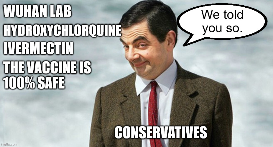 Everything we told you was true and you called it "fake" news. | WUHAN LAB; We told
you so. HYDROXYCHLORQUINE; IVERMECTIN; THE VACCINE IS
100% SAFE; CONSERVATIVES | image tagged in mr bean told you so,follow the truth,mainstream media lies | made w/ Imgflip meme maker