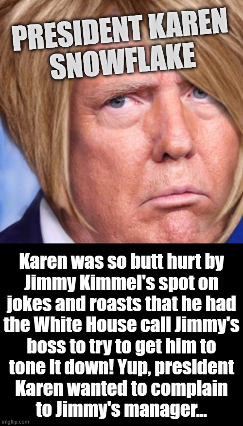 Blowhard + Snowflake = BlowFlake... | PRESIDENT KAREN
SNOWFLAKE; Karen was so butt hurt by
Jimmy Kimmel's spot on
jokes and roasts that he had
the White House call Jimmy's
boss to try to get him to
tone it down! Yup, president
Karen wanted to complain
to Jimmy's manager... | image tagged in blowhard,snowflake,special snowflake,trump,butthurt,jimmy kimmel | made w/ Imgflip meme maker