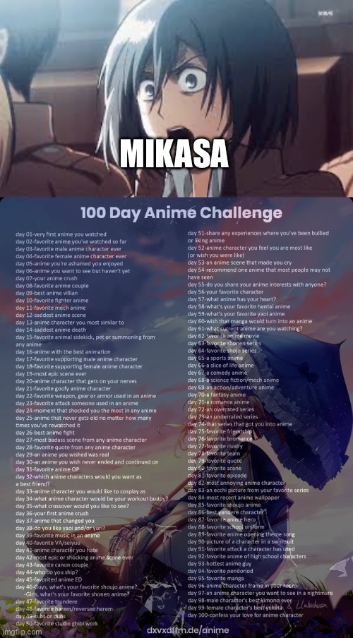 Day 86 | MIKASA | image tagged in mikasa,100 day anime challenge | made w/ Imgflip meme maker