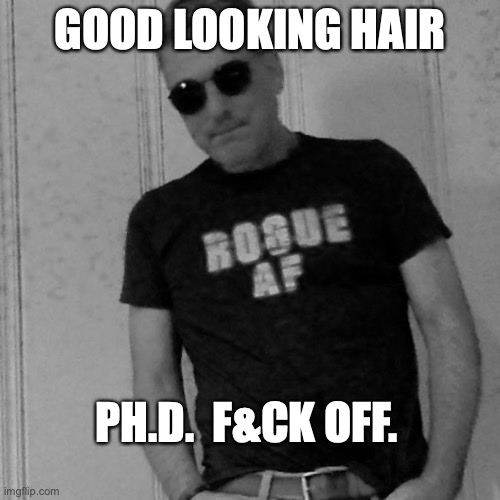 Ph.D. Vanity | GOOD LOOKING HAIR; PH.D.  F&CK OFF. | image tagged in memes | made w/ Imgflip meme maker
