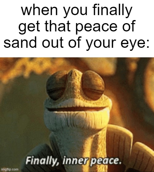 inner peace | when you finally get that peace of sand out of your eye: | image tagged in finally inner peace,true story,satisfaction,oh wow are you actually reading these tags,i like donuts | made w/ Imgflip meme maker