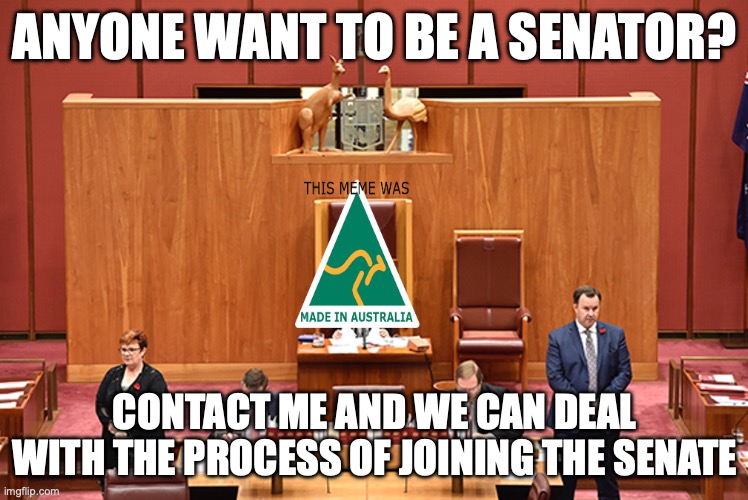 AustRINO needs some senators, by April 4 I'll announce your appointment of being a senator | ANYONE WANT TO BE A SENATOR? CONTACT ME AND WE CAN DEAL WITH THE PROCESS OF JOINING THE SENATE | image tagged in auservative the senator,join,the,senate,today | made w/ Imgflip meme maker