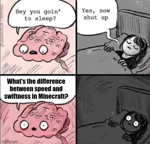 waking up brain | What's the difference between speed and swiftness in Minecraft? | image tagged in waking up brain,minecraft,brain before sleep,speed,idk | made w/ Imgflip meme maker