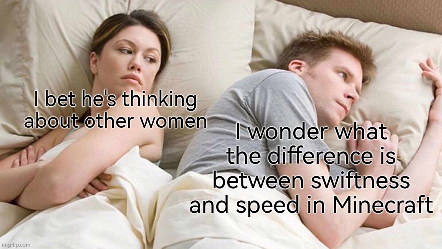 I Bet He's Thinking About Other Women Meme | I bet he's thinking about other women; I wonder what the difference is between swiftness and speed in Minecraft | image tagged in memes,i bet he's thinking about other women,minecraft,idk | made w/ Imgflip meme maker