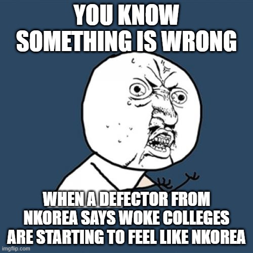 end woke! | YOU KNOW SOMETHING IS WRONG; WHEN A DEFECTOR FROM NKOREA SAYS WOKE COLLEGES ARE STARTING TO FEEL LIKE NKOREA | image tagged in memes,y u no | made w/ Imgflip meme maker