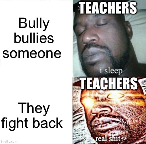 Bully | Bully bullies someone; TEACHERS; TEACHERS; They fight back | image tagged in memes,sleeping shaq | made w/ Imgflip meme maker