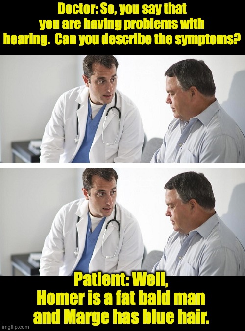 Say what? | Doctor: So, you say that you are having problems with hearing.  Can you describe the symptoms? Patient: Well, Homer is a fat bald man and Marge has blue hair. | image tagged in doctor and patient | made w/ Imgflip meme maker