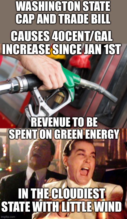 That will not end well. Just ask Germany how well their massive solar agenda played out. | WASHINGTON STATE CAP AND TRADE BILL; CAUSES 40CENT/GAL INCREASE SINCE JAN 1ST; REVENUE TO BE SPENT ON GREEN ENERGY; IN THE CLOUDIEST STATE WITH LITTLE WIND | image tagged in gas pump,cap and trade,carbon tax,cloudy,no wind,green energy | made w/ Imgflip meme maker