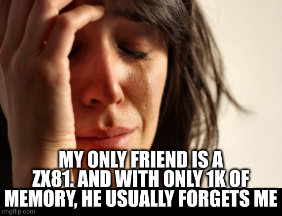 First World Problems Meme | MY ONLY FRIEND IS A ZX81. AND WITH ONLY 1K OF MEMORY, HE USUALLY FORGETS ME | image tagged in memes,first world problems | made w/ Imgflip meme maker