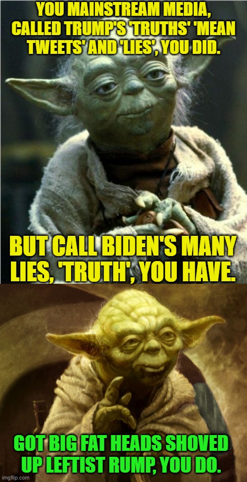 Who watches the watchers, eh? | YOU MAINSTREAM MEDIA, CALLED TRUMP'S 'TRUTHS' 'MEAN TWEETS' AND 'LIES', YOU DID. BUT CALL BIDEN'S MANY LIES, 'TRUTH', YOU HAVE. GOT BIG FAT HEADS SHOVED UP LEFTIST RUMP, YOU DO. | image tagged in jedi master yoda | made w/ Imgflip meme maker