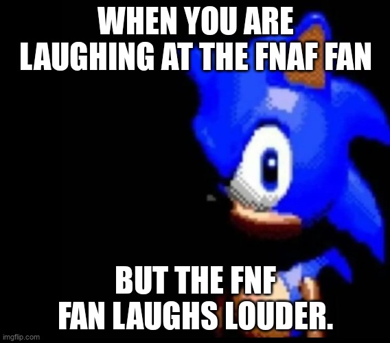 Just kidding! | WHEN YOU ARE LAUGHING AT THE FNAF FAN; BUT THE FNF FAN LAUGHS LOUDER. | image tagged in sonic stares | made w/ Imgflip meme maker