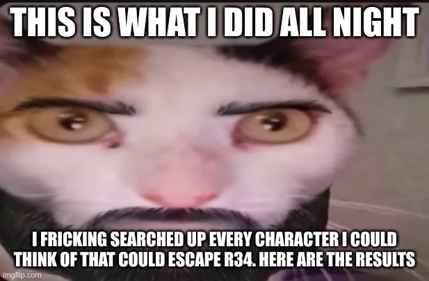 Gigacat | THIS IS WHAT I DID ALL NIGHT; I FRICKING SEARCHED UP EVERY CHARACTER I COULD THINK OF THAT COULD ESCAPE R34. HERE ARE THE RESULTS | image tagged in gigacat,rule 34 | made w/ Imgflip meme maker