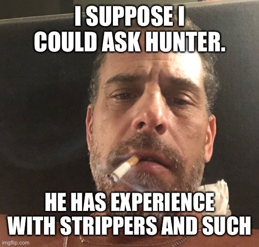 Hunter Biden | I SUPPOSE I COULD ASK HUNTER. HE HAS EXPERIENCE WITH STRIPPERS AND SUCH | image tagged in hunter biden | made w/ Imgflip meme maker