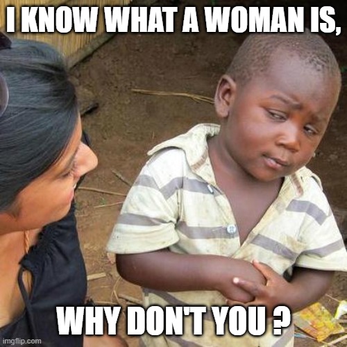 Third World Skeptical Kid | I KNOW WHAT A WOMAN IS, WHY DON'T YOU ? | image tagged in memes,third world skeptical kid | made w/ Imgflip meme maker