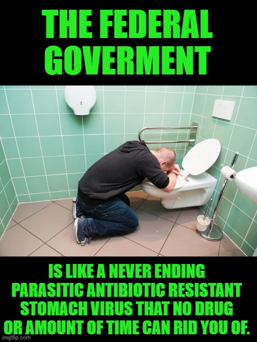 yep | THE FEDERAL GOVERMENT; IS LIKE A NEVER ENDING PARASITIC ANTIBIOTIC RESISTANT STOMACH VIRUS THAT NO DRUG OR AMOUNT OF TIME CAN RID YOU OF. | image tagged in federal goverment | made w/ Imgflip meme maker