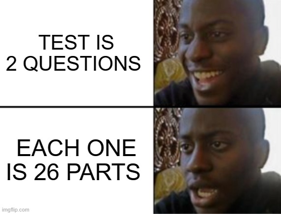 Oh yeah! Oh no... | TEST IS 2 QUESTIONS; EACH ONE IS 26 PARTS | image tagged in oh yeah oh no | made w/ Imgflip meme maker