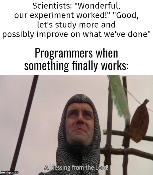 And then we never touched it ever again, because we would fear it would ruin the whole thing again | Scientists: "Wonderful, our experiment worked!" "Good, let's study more and possibly improve on what we've done"; Programmers when something finally works: | image tagged in a blessing from the lord | made w/ Imgflip meme maker