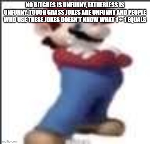 badass mario | NO BITCHES IS UNFUNNY, FATHERLESS IS UNFUNNY, TOUCH GRASS JOKES ARE UNFUNNY AND PEOPLE WHO USE THESE JOKES DOESN'T KNOW WHAT 1 + 1 EQUALS | image tagged in badass mario | made w/ Imgflip meme maker