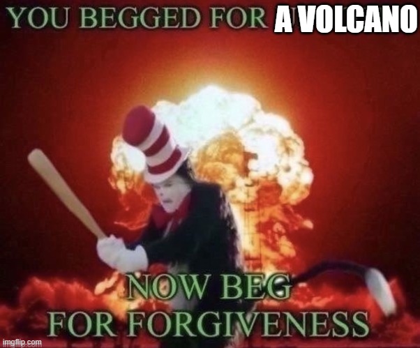 A VOLCANO?!?!?!??!?!?!??! | A VOLCANO | image tagged in beg for forgiveness | made w/ Imgflip meme maker