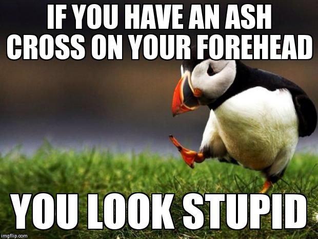 Unpopular Opinion Puffin | IF YOU HAVE AN ASH CROSS ON YOUR FOREHEAD YOU LOOK STUPID | image tagged in memes,unpopular opinion puffin,AdviceAnimals | made w/ Imgflip meme maker